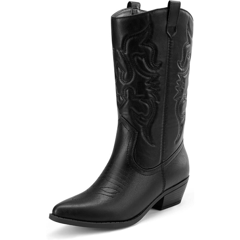 Women's Black Pointed Toe Pull On Wide Calf Pu Chunky Low Heel Cowgirl Boots
